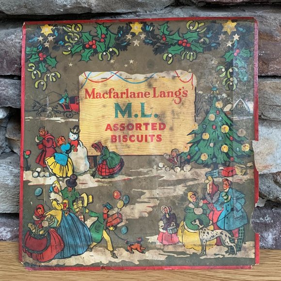 VTG 30s Christmas Tin Macfarlane Lang's M.L. Assorted Biscuits Cookies Holiday - Picture 2 of 13